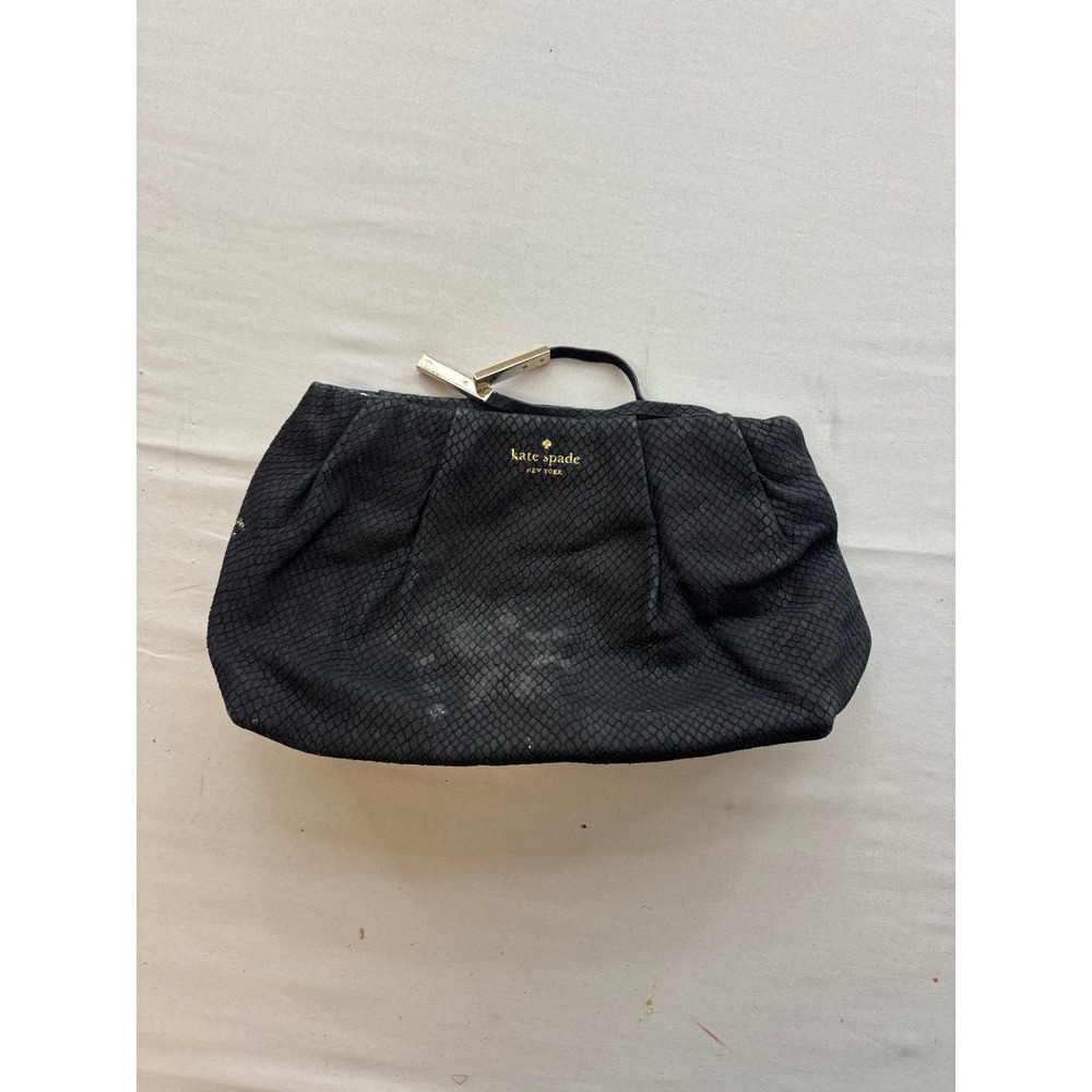 Kate Spade New York Black Snakeskin Embossed Leather Pleated Zip Clutch Bag